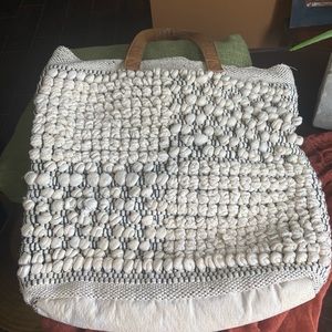 Straw Studios Macrame shoulder bag, Bed & Bath straw tote, & Jean shoulder bag.